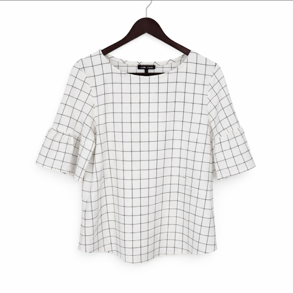 Moa Moa White Blouse With Windowpane Grid Print Short Ruffled Bell Sleeves Sz M